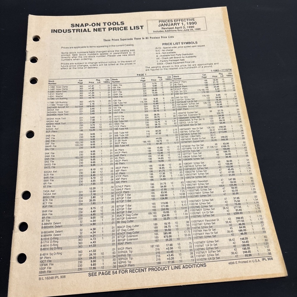 Snap On 1990 Industrial Price List